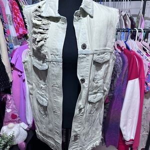 POL Cream and Brown Frayed Vest